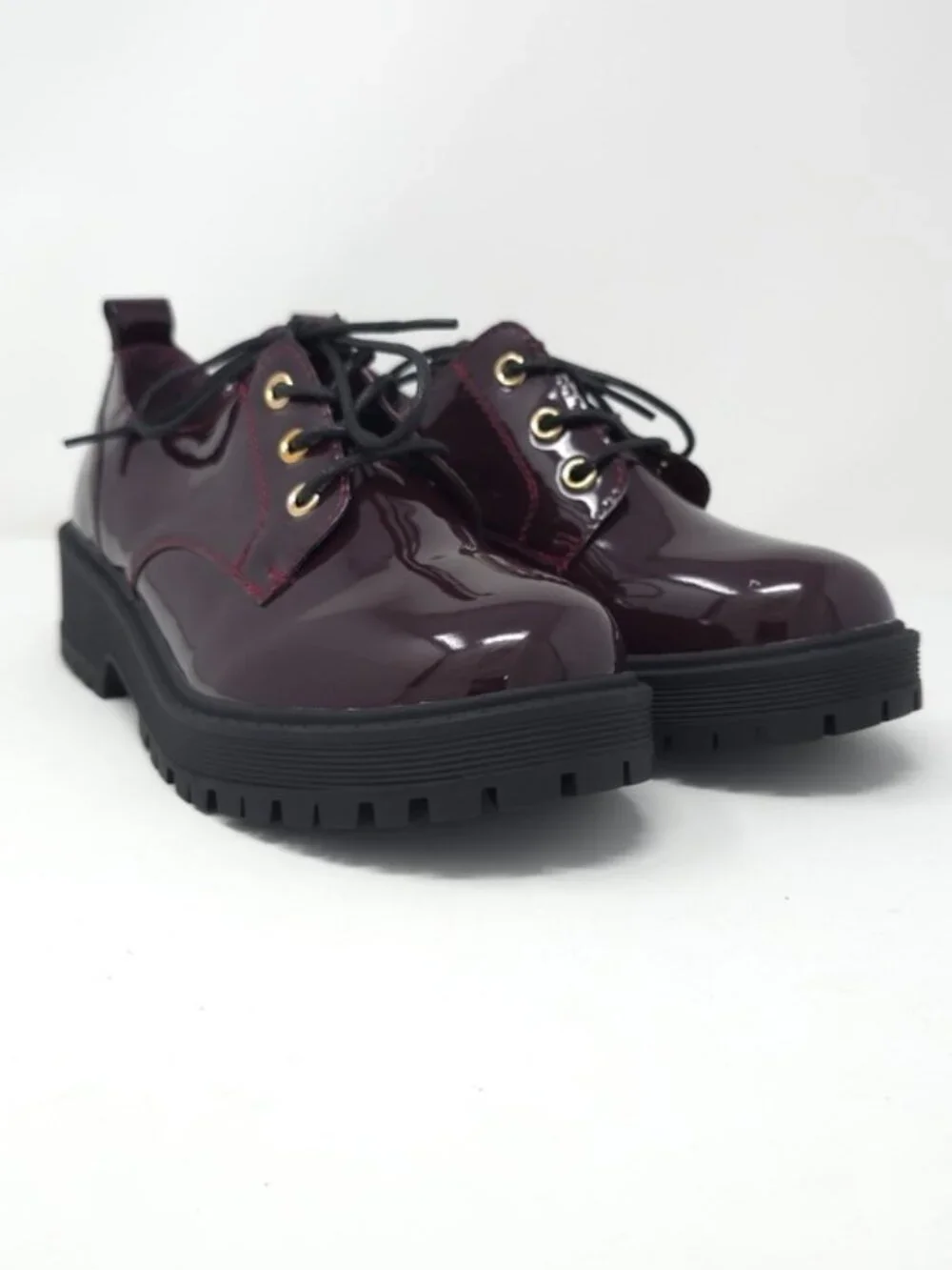 Chunky Platform Faux Leather Oxford Patent Wine Lug Sole Lace Up - Picture 2 of 11
